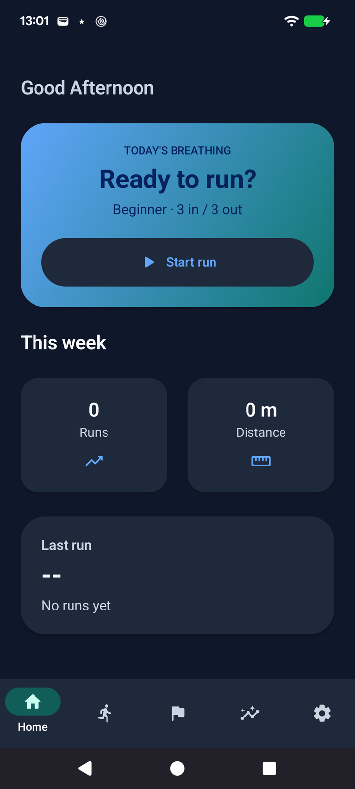 The BreatheRun home screen, showing today's breathing session and this week's running totals.