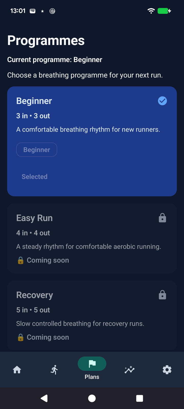 The programmes screen, showing the beginner breathing rhythm.