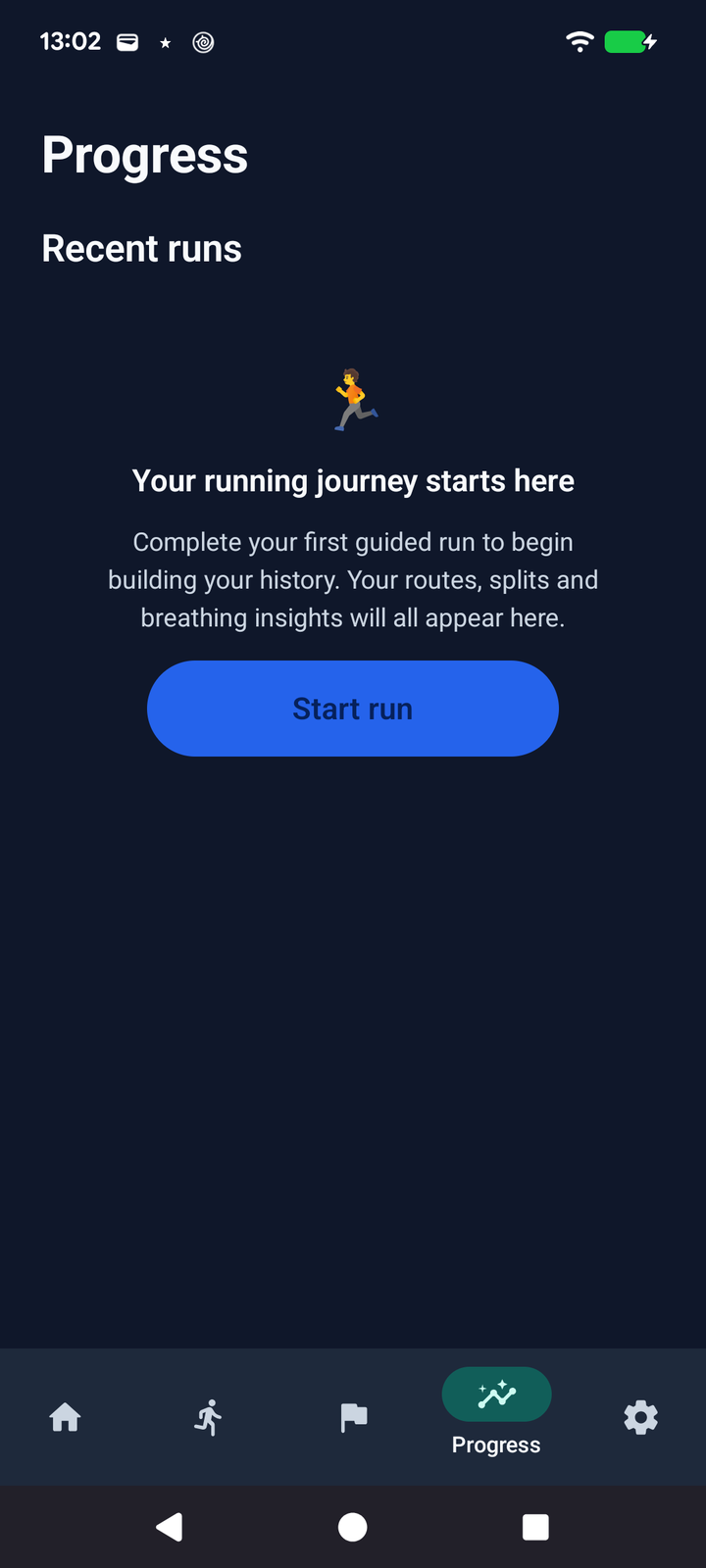 The progress screen, where your recent runs and breathing insights build up over time.