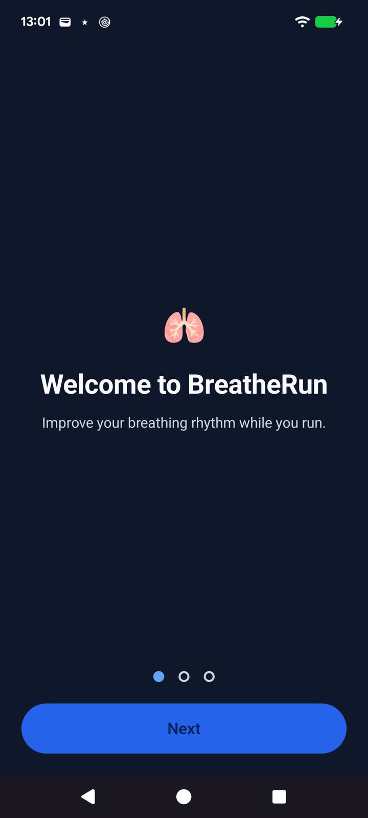 The welcome screen introducing BreatheRun.